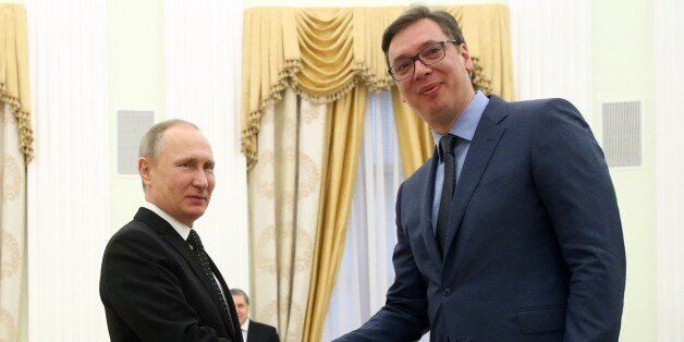 MOSCOW, RUSSIA - MARCH 27: (RUSSIA OUT) Russian President Vladimir Putin (L) shakes hands with Serbian Prime Minister Aleksandar Vucic (R) during their meeting at the Kremlin on March 27, 2017 in Moscow, Russia. Prime Minister of Serbia is having a visit to Russia. (Photo by Mikhail Svetlov/Getty Images)