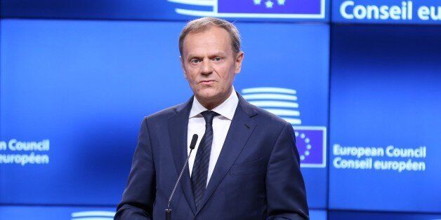 BRUSSELS, BELGIUM - MARCH 29: European Council President Donald Tusk holds a press conference after his meeting with British Prime Minister Theresa May's Britain's ambassador to the EU Tim Barrow (not seen) in Brussels on March 29, 2017. British Ambassador to the EU Tim Barrow delivered a letter, signed by British Prime Minister Theresa May, to European Council President Donald Tusk to trigger the Article 50 of the Lisbon Treaty that starts the official exit negotiations of U.K. from EU. (Photo by Dursun Aydemir/Anadolu Agency/Getty Images)