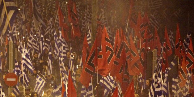 Golden Dawn rally in Athens, Greece, January 28, 2017. Supporters of the Greek ultra nationalist party Golden Dawn gathered to commemorate the death of three Greek military officers during Imia crisis in 1996. A greek army helicopter crashed on January 31 1996 in the Imia islets, at the Greek-Turkish sea borders. (Photo by Giorgos Georgiou/NurPhoto via Getty Images)