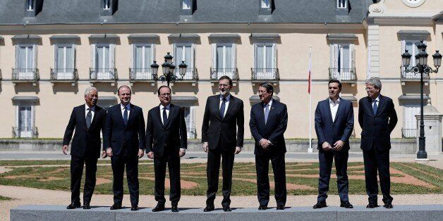 MADRID, SPAIN - APRIL 10 : French President Francois Hollande (3rd L), Spanish Prime Minister Mariano Rajoy (C), Greek-Cypriot leader Nicos Anastasiades (3rd R), Prime Minister Portugal Antonio Costa (L), Prime Minister of Italy Paolo Gentiloni (R), Prime Minister of Greece Alexis Tsipras (2nd R) and Prime Minister Malta Joseph Muscat (2nd L) pose for a photo before the Southern European Union Countries Summit at the El Pardo Palace in Madrid, Spain on April 10, 2017. (Photo by Burak Akbulut/Anadolu Agency/Getty Images)