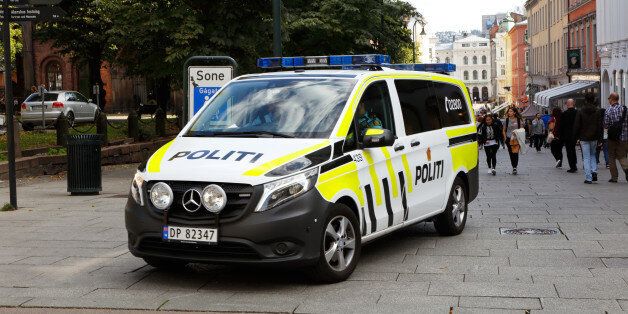 Oslo, Norway - September 16, 2016: One Norwegian police vehicle patrolling in down town Oslo