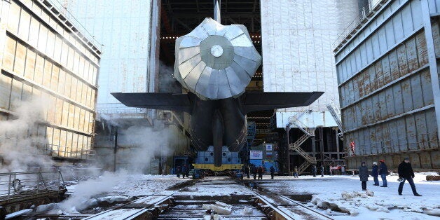 SEVERODVINSK, RUSSIA - MARCH 31, 2017: Launching the Kazan, a Project 885M Yasen-class nuclear-powered multipurpose attack submarine, at the Sevmash shipyard. The submarine is to join the Russian Northern Fleet. Alexander Ryumin/TASS (Photo by Alexander Ryumin\TASS via Getty Images)