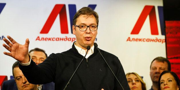 BELGRADE, SERBIA - APRIL 02: Presidential candidate and Serbian Prime Minister Aleksandar Vucic speaks during a press conference on April 2, 2017 in Belgrade, Serbia. According to the research Vucic won about 55 percent of the vote, above the 50 percent threshold required to win in the first round. (Photo by Srdjan Stevanovic/Getty Images)