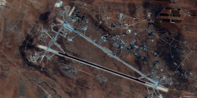 Shayrat Airfield in Homs, Syria is seen in this DigitalGlobe satellite image released by the U.S. Defense Department on April 6, 2017 after announcing U.S. forces conducted a cruise missile strike against the Syrian Air Force airfield. DigitalGlobe/Courtesy U.S. Department of Defense/Handout via REUTERS ATTENTION EDITORS - THIS IMAGE WAS PROVIDED BY A THIRD PARTY. EDITORIAL USE ONLY. NO RESALES. NO ARCHIVE. MANDATORY CREDIT.
