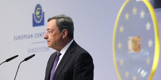 Mario Draghi, president of the European Central Bank (ECB), speaks as he unveils the new 50 euro currency bank note at the ECB headquarters in Frankfurt, Germany, on Tuesday, April 4, 2017. The ECB estimates Banca Popolare di Vicenza SpA and Veneto Banca SpA need about 6.4 billion euros ($6.8 billion) and considers the lenders solvent, a condition for them to receive a bailout, according to people familiar with the matter. Photographer: Alex Kraus/Bloomberg via Getty Images