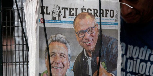 Ecuadorean newspapers front pages refer to the triumph of ruling Alianza PAIS party candidate Lenin Moreno in Guayaquil, Ecuador, on April 3, 2017.Lenin Boltaire Moreno, who is set to become Ecuador's next president, is a wheelchair-bound social welfare champion known for his affable manner and easy smile. The 64-year-old leftist follows the temperamental Rafael Correa in office and has promised to extend his predecessor's decade-long socialist policies. / AFP PHOTO / JUAN CEVALLOS (Photo credit should read JUAN CEVALLOS/AFP/Getty Images)