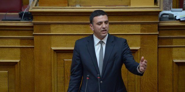 ATHENS, GREECE - 2015/04/17: p with New Democracy Vassilis Kikilias talks to the Greek parliament. Greek legislators gathered in the Greek parliament to vote for a new legislation about special security prisons Type C and anti terrorist laws. There was tension between government MPs and the major opposition party about the changes in the laws. (Photo by George Panagakis/Pacific Press/LightRocket via Getty Images)