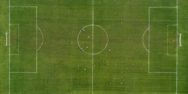 Soccer field or Football pitch, shot using a drone, Kopavogur, suburb of Reykjavik, Iceland
