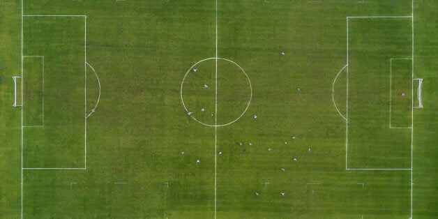 Soccer field or Football pitch, shot using a drone, Kopavogur, suburb of Reykjavik, Iceland