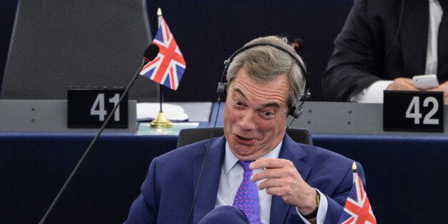 Member of the European Parliament and former leader of the anti-EU UK Independence Party (UKIP) Nigel Farage gestures and reacts during a series of speeches at the European Parliament in Strasbourg, eastern France, on April 5, 2017.The European Parliament on April 5, 2017 overwhelmingly adopted 'red lines' for negotiations over a Brexit deal, including demanding Britain first agree divorce terms before striking a new trade deal. The assembly in Strasbourg, which will have a final veto on any Bre