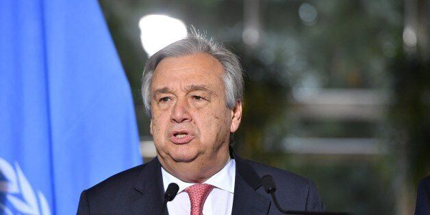 GENEVA, SWITZERLAND - JANUARY 12: Secretary General of the United Nations (UN) Antonio Guterres makes a statement during a press conference with Greek Cypriot leader Nicos Anastasiades (not seen) and Turkish Cypriot leader Mustafa Akinci (not seen) during the fourth day of Cyprus talks at United Nations Office in Geneva, Switzerland on January 12, 2017. (Photo by Mustafa Yalcin/Anadolu Agency/Getty Images)