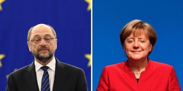 (COMBO) This combination of file pictures created on February 24, 2017 shows German Chancellor Angela Merkel (R, December 6, 2016 in Essen) and the German social democratic SPD party's candidate for chancellorship Martin Schulz (January 16, 2017 in Strasbourg).US President Donald Trump's demand for NATO allies to boost defence spending is driving an election-year dispute between Chancellor Angela Merkel's conservatives and their centre-left challengers led by Martin Schulz. / AFP / Tobias SCHWARZ AND Frederick FLORIN (Photo credit should read TOBIAS SCHWARZ,FREDERICK FLORIN/AFP/Getty Images)