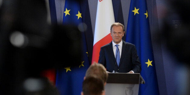 The President of the European Council Donald Tusk (L) speaks during a press conference on March 31, 2017 in St Julians Malta. The European Union demanded that Britain make 'sufficient progress' on its divorce before talks on a trade deal can start as it laid out its tough Brexit negotiating plans today. / AFP PHOTO / Matthew Mirabelli / Malta OUT (Photo credit should read MATTHEW MIRABELLI/AFP/Getty Images)