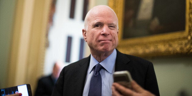 WASHINGTON, DC - MARCH 23: Sen. John McCain (R-AZ) speaks with reporters outside of the Senate chamber, on Capitol Hill, March 23, 2017 in Washington. (Photo by Drew Angerer/Getty Images)