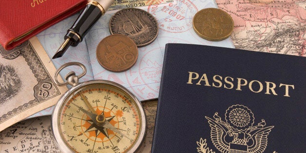 Photograph of a group of travel related items against a 130 year old map.