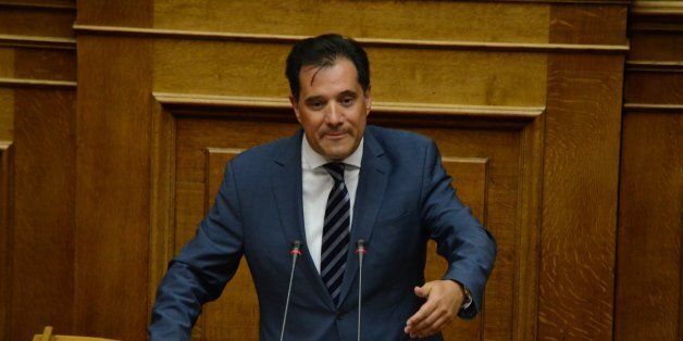 ATHENS, GREECE - 2016/07/19: MP with New Democracy Adonis Georgiadis talks at the Greek parliament.Greek legislatotors discus on a first of a 3 day discussion about changes on the election law. (Photo by George Panagakis/Pacific Press/LightRocket via Getty Images)