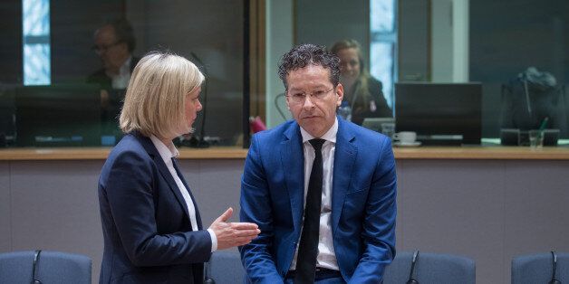 Magdalena Andersson, Sweden's finance minister, left, speaks with Jeroen Dijsselbloem, Dutch finance minister and head of the group of euro-area finance ministers, ahead of an Ecofin meeting of finance ministers in Brussels, Belgium, on Tuesday, March 21, 2017. The European Union signaled its intention to keep U.K. prime minister Theresa May waiting before engaging in negotiations over the U.K.s exit from the bloc, in an early indication of how the British prime minister will see leverage slipping away as soon as she files for divorce. Photographer: Jasper Juinen/Bloomberg via Getty Images