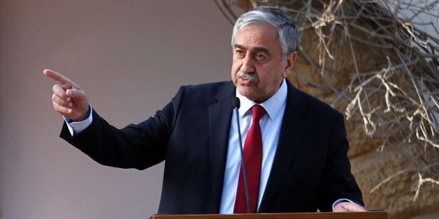 Turkish Cypriot leader Mustafa Akinci holds a press conference with the Turkish foreign minister after a meeting on February 21, 2017, in the northern part of Nicosia, in the self proclaimed Turkish Republic of Northern Cyprus (TRNC). / AFP / Birol BEBEK (Photo credit should read BIROL BEBEK/AFP/Getty Images)