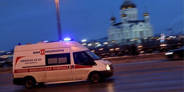 MOSCOW, RUSSIA - JANUARY 14, 2017: An ambulance passes by the Christ the Saviour Cathedral. Vladimir Smirnov/TASS (Photo by Vladimir Smirnov\TASS via Getty Images)