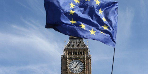 An EU flag flies above Parliament Square during a Unite for Europe march, in central London, Britain March 25, 2017. REUTERS/Paul Hackett