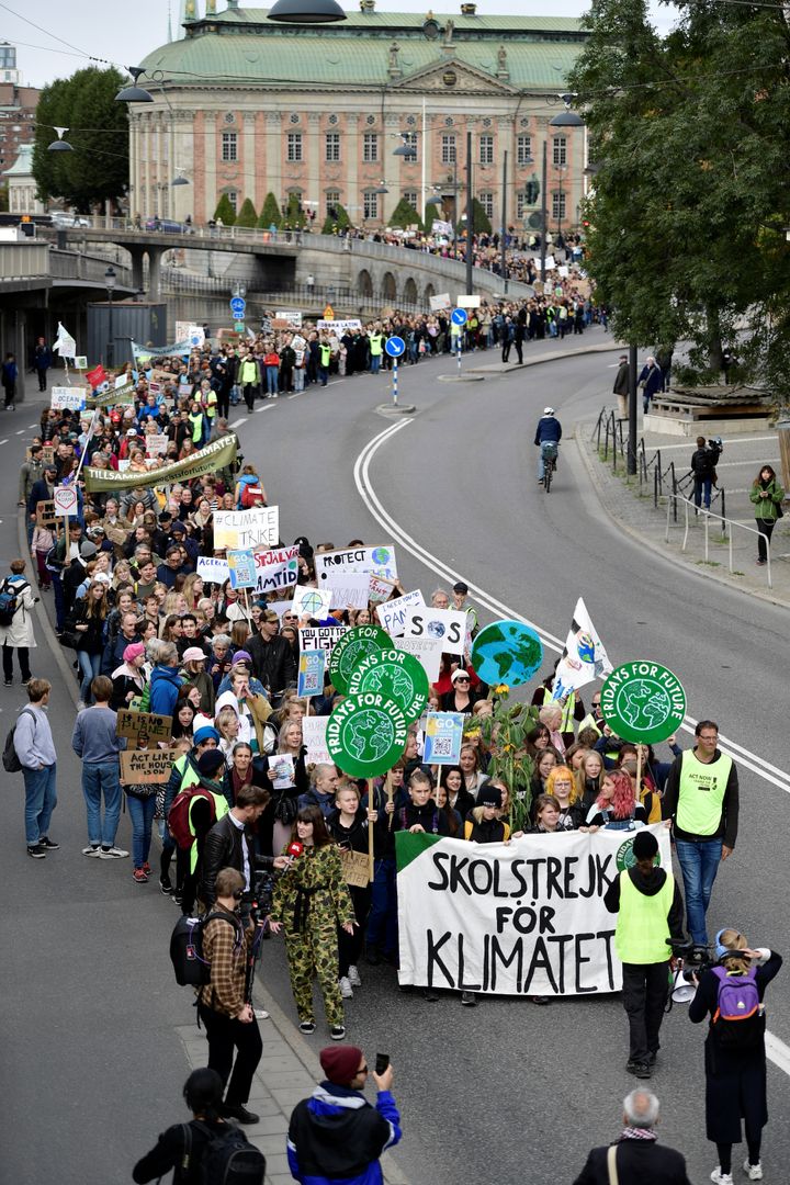 Young activists attend the Fridays for Future global climate strike in Stockholm, Sweden, September 20, 2019. 