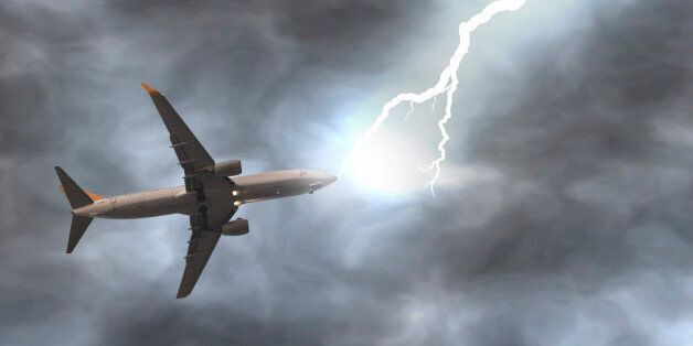 Lightning bolt hits a plane on the air. Digitally generated image.