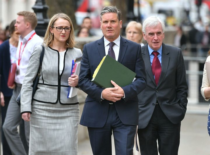 (left to right) Rebecca Long-Bailey, shadow Brexit Secretary Sir Keir Starmer, shadow Chancellor of the Exchequer John McDonnell arriving at the Cabinet Office in Westminster for Brexit talks.