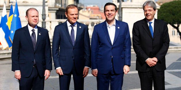 (from L to R) Malta's Prime Minister Joseph Muscat, European Council President Donald Tusk, Greek Prime Minister Alexis Tsipras and Italy's Prime Minister Paolo Gentiloni pose for a picture outside the city hall
