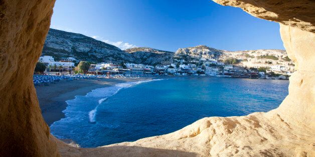 Matala beach seen from a Roman cave, Crete, Greece.