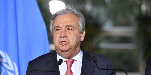 GENEVA, SWITZERLAND - JANUARY 12: Secretary General of the United Nations (UN) Antonio Guterres makes a statement during a press conference with Greek Cypriot leader Nicos Anastasiades (not seen) and Turkish Cypriot leader Mustafa Akinci (not seen) during the fourth day of Cyprus talks at United Nations Office in Geneva, Switzerland on January 12, 2017. (Photo by Mustafa Yalcin/Anadolu Agency/Getty Images)