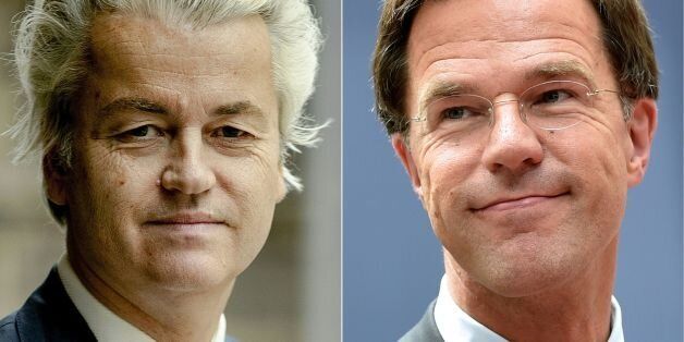 (COMBO) This combination of pictures created on March 13, 2017 shows Dutch politician Geert Wilders (L), leader of the Freedom Party (PVV), posing for a portrait in The Hague on March 2, 2017, and Netherland's Prime minister and People's Party for Freedom and Democracy leader Mark Rutte arriving before an EU summit meeting on June 28, 2016 at the European Union headquarters in Brussels. The general election of The Netherlands is going to take place on March 15, 2017. / AFP PHOTO / ANP AND AFP PHOTO / Robin van Lonkhuijsen AND PHILIPPE HUGUEN (Photo credit should read ROBIN VAN LONKHUIJSEN,PHILIPPE HUGUEN/AFP/Getty Images)