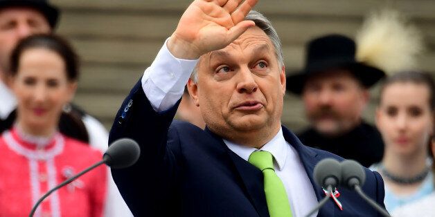 Hungarian Prime Minister Viktor Orban waves after his speech in front of the National Museum of Budapest on March 15, 2017 during the official commemoration of the 169th anniversary of the 1848-1849 Hungarian revolution and independence war.The revolution in the kingdom of Hungary grew into a war for independence from the Habsburg rule. / AFP PHOTO / ATTILA KISBENEDEK (Photo credit should read ATTILA KISBENEDEK/AFP/Getty Images)