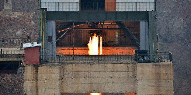 This undated picture released by North Korea's official Korean Central News Agency (KCNA) on March 19, 2017 shows the ground jet test of a newly developed high-thrust engine at the Sohae Satellite Launching Ground in North Korea.North Korea has tested a powerful new rocket engine, state media said on March 19, with leader Kim Jong-Un hailing the successful test as a 'new birth' for the nation's rocket industry. / AFP PHOTO / KCNA VIA KNS / STR / South Korea OUT / REPUBLIC OF KOREA OUT ---EDITORS NOTE--- RESTRICTED TO EDITORIAL USE - MANDATORY CREDIT 'AFP PHOTO/KCNA VIA KNS' - NO MARKETING NO ADVERTISING CAMPAIGNS - DISTRIBUTED AS A SERVICE TO CLIENTSTHIS PICTURE WAS MADE AVAILABLE BY A THIRD PARTY. AFP CAN NOT INDEPENDENTLY VERIFY THE AUTHENTICITY, LOCATION, DATE AND CONTENT OF THIS IMAGE. THIS PHOTO IS DISTRIBUTED EXACTLY AS RECEIVED BY AFP. / (Photo credit should read STR/AFP/Getty Images)