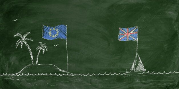 Chalk drawing of a ship with British flag swimming away from an island with European Union flag. Brexit. British withdrawal. Euroscepticism.