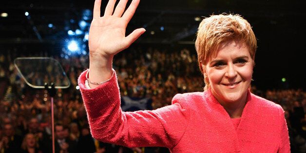 ABERDEEN, SCOTLAND - MARCH 18: Scottish First Minister Nicola Sturgeon acknowledges the audience following her keynote speech at the SNP spring conference on March 18, 2017 in Aberdeeen, Scotland. Party members and delegates are focusing on a second Scottish independence referendum as the party meets for its spring conference in Aberdeen. (Photo by Jeff J Mitchell/Getty Images)
