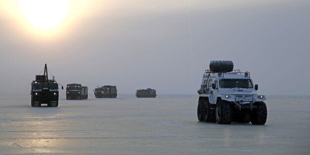 YAKUTIA, RUSSIA - MARCH 12, 2017: An Arctic expedition undertaken by Russia's Defence Ministry to test modern models of military off-road vehicles has become the first one in the world to reach Kotelny Island from mainland Russia over the frozen Laptev Sea. Russian Defence Ministry Press Office/TASS (Photo by TASS\TASS via Getty Images)