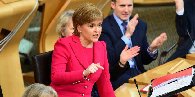 EDINBURGH, UNITED KINGDOM - MARCH 02: Scotland's First Minister Nicola Sturgeon speaks during First Minister's Questions in the Scottish Parliament on March 2, 2017 in Edinburgh, Scotland. (Photo by Ken Jack/Corbis via Getty Images)