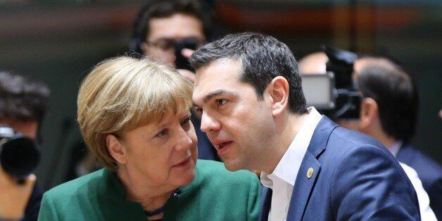 BRUSSELS, BELGIUM - MARCH 10 : German Chancellor Angela Merkel (L) talks with Greek Prime Minister Alexis Tsipras (R) during the European Union (EU) Leaders Summit in Brussels, Belgium on March 10, 2017. (Photo by Dursun Aydemir/Anadolu Agency/Getty Images)