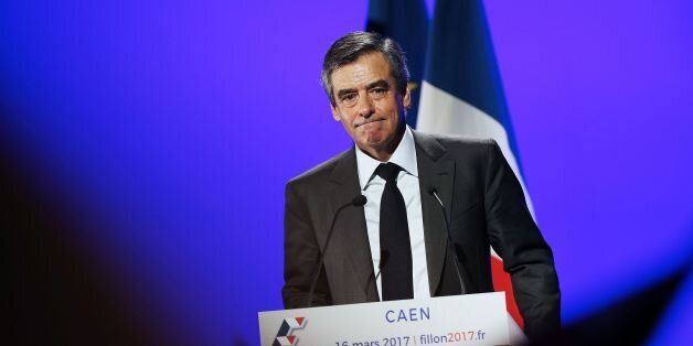 French presidential candidate for the right-wing Les Republicains (LR) party Francois Fillon reacts during a speech at a campaign rally in Caen, northwestern France, on March 16, 2017. / AFP PHOTO / CHARLY TRIBALLEAU (Photo credit should read CHARLY TRIBALLEAU/AFP/Getty Images)