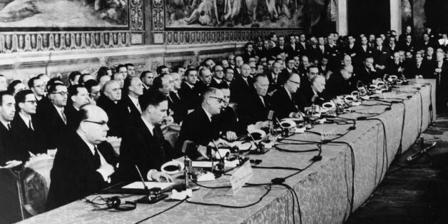 Delegates at the signing of the European Common Market Treaty in Rome. (Photo by Keystone/Getty Images)