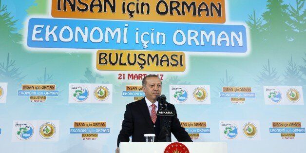 ANKARA, TURKEY - MARCH 21: Turkish President Recep Tayyip Erdogan delivers a speech during the Forest for Human, Forest for Economy' programme at the Ankara Arena Sport Arena in Ankara, Turkey on March 21, 2017. (Photo by Kayhan Ozer/Anadolu Agency/Getty Images)