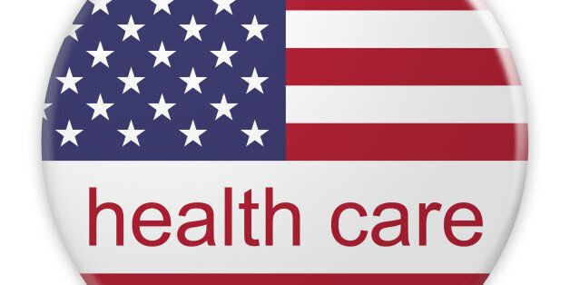 USA Politics News Concept Badge: Health Care Button With US Flag, 3d illustration on white background