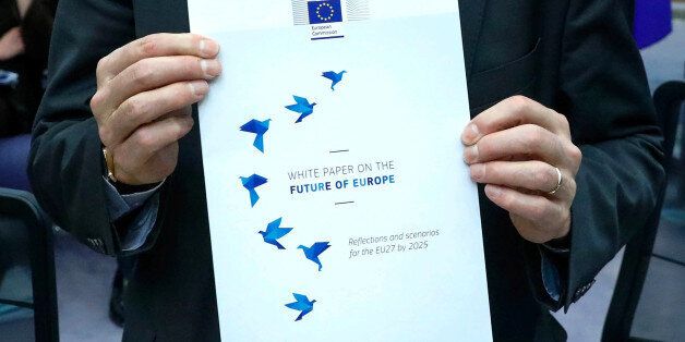 The cover page of the White Paper on the Future of Europe, which will be presented before the European Parliament on Wednesday by the European Commission President Jean-Claude Juncker, is seen in Brussels, Belgium March 1, 2017. REUTERS/Yves Herman