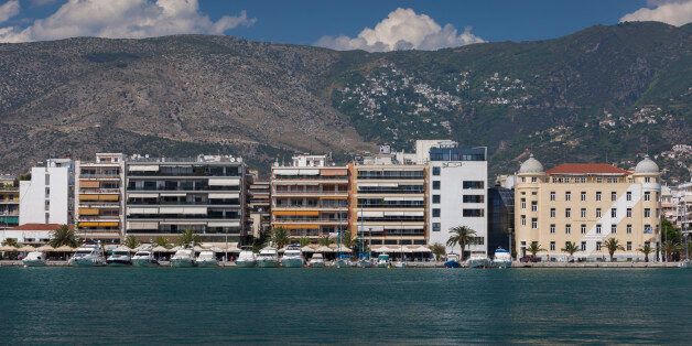 Greece, Thessaly Region, Pelion Peninsula, Volos, waterfront buildings and the University of Volos