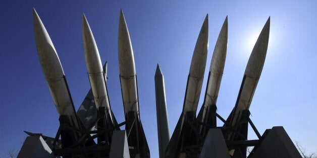 Replicas of a North Korean Scud-B missile (C) and South Korean Hawk surface-to-air missiles are displayed at the Korean War Memorial in Seoul on March 6, 2017.Nuclear-armed North Korea launched four ballistic missiles on March 6 in another challenge to President Donald Trump, with three landing provocatively close to America's ally Japan. / AFP PHOTO / JUNG Yeon-Je (Photo credit should read JUNG YEON-JE/AFP/Getty Images)