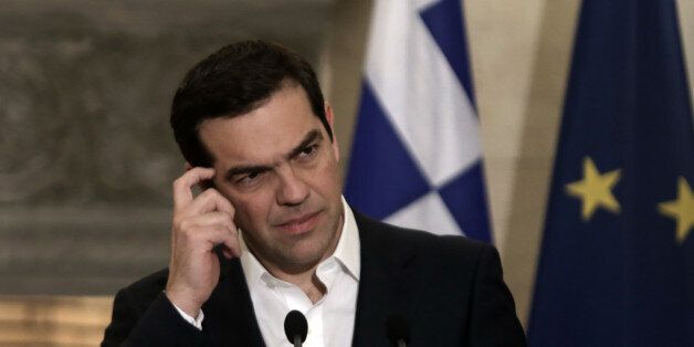 Greek Prime Minister Alexis Tsipras during joint statements to the press, with his Maltese counterpart after their meeting at Maximos Mansion, in Athens on March 1st, 2017. (Photo by Panayotis Tzamaros/NurPhoto via Getty Images)