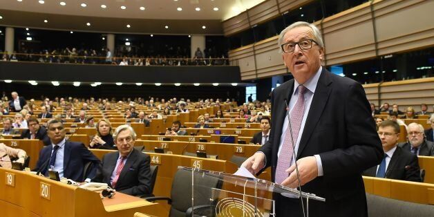 EU Commission President Jean-Claude Juncker speaks during the presentation of the ''White paper on the future of Europe'' at the EU headquarters in Brussels on March 1, 2017. Juncker revealed his plans to save the EU, warning the troubled bloc must now write a 'new chapter' after Britain's expected exit in 2019. The former Luxembourg premier laid out five 'pathways to unity' for European Union leaders to consider at a special summit in Rome on March 25 to mark the 60th anniversary of the bloc's founding treaty. / AFP / JOHN THYS (Photo credit should read JOHN THYS/AFP/Getty Images)