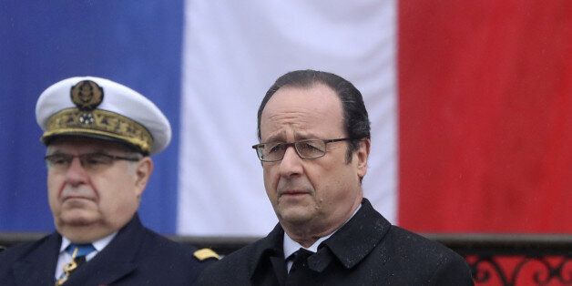 French president Francois Hollande (R) attends the 50th anniversary celebrations of the establishment of the Paris fire brigade (corps des Sapeurs-pompiers) in Paris on March 4, 2017. / AFP PHOTO / POOL / Jacques DEMARTHON (Photo credit should read JACQUES DEMARTHON/AFP/Getty Images)