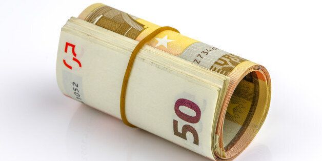 Roll of one Fifty euro banknotes with a rubber band, isolated on the white background, clipping path included. Full focus.