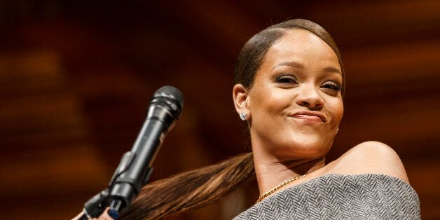 CAMBRIDGE, MA - FEBRUARY 28: Pop singer Rihanna speaks after receiving the Harvard Humanitarian of the Year at the Sanders Theater in Cambridge, MA on Feb. 28, 2017. (Photo by Keith Bedford/The Boston Globe via Getty Images)